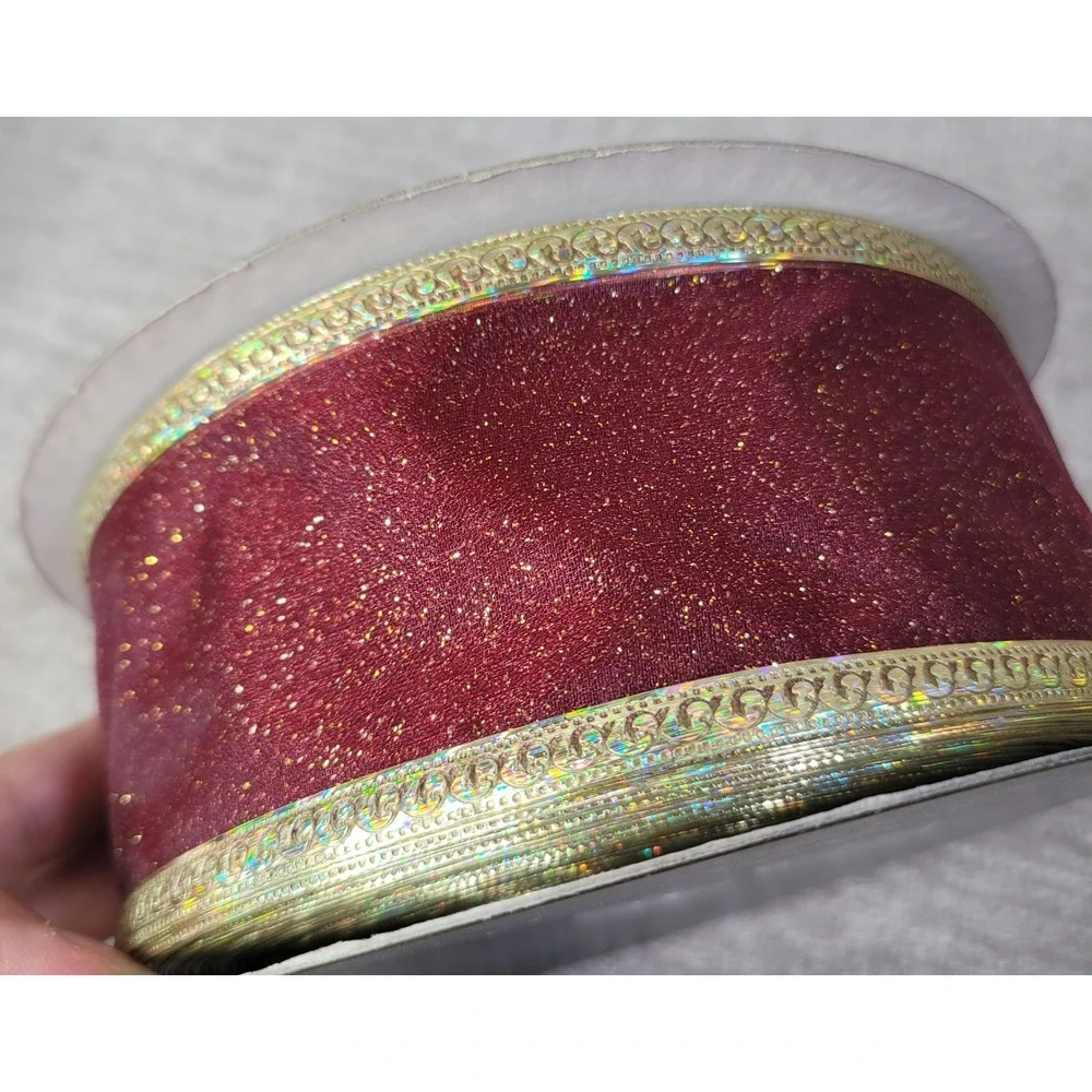 Sams Club Wired Ribbon Spools Burgundy Gold Christmas 2.5 Inch‎ 50 Yard Lot of 3